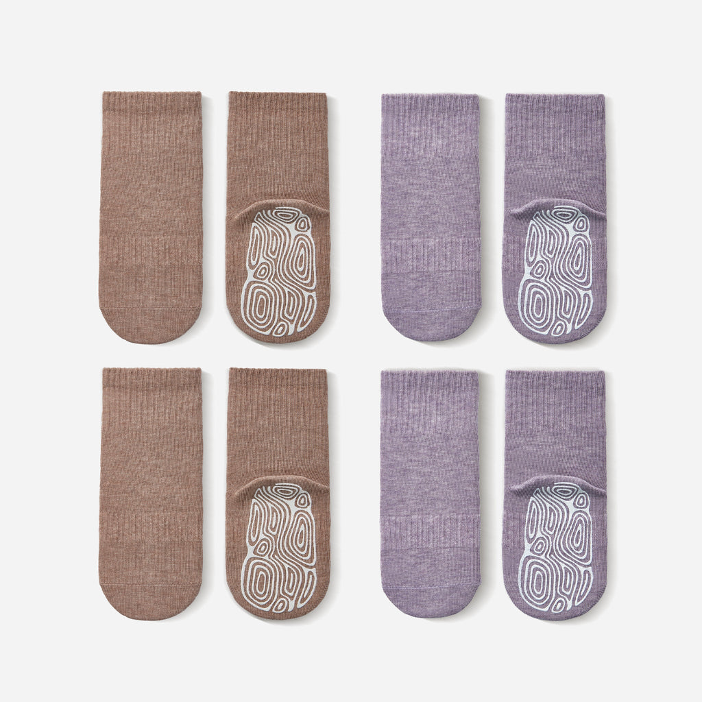 Organic Cotton Socks- Lavender & Brown- 4 Pairs of Stay-On Baby & Toddler Non-Slip Socks