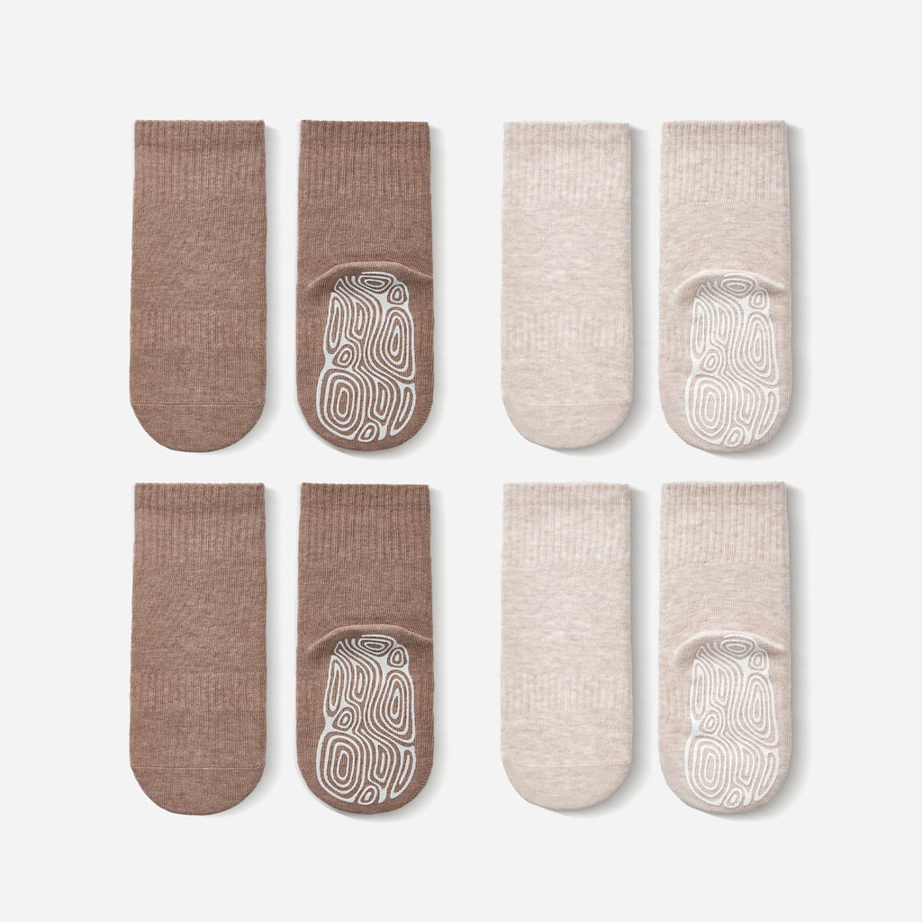 Organic Cotton Socks- Beige & Brown- 4 Pairs of Stay-On Baby & Toddler Non-Slip Socks