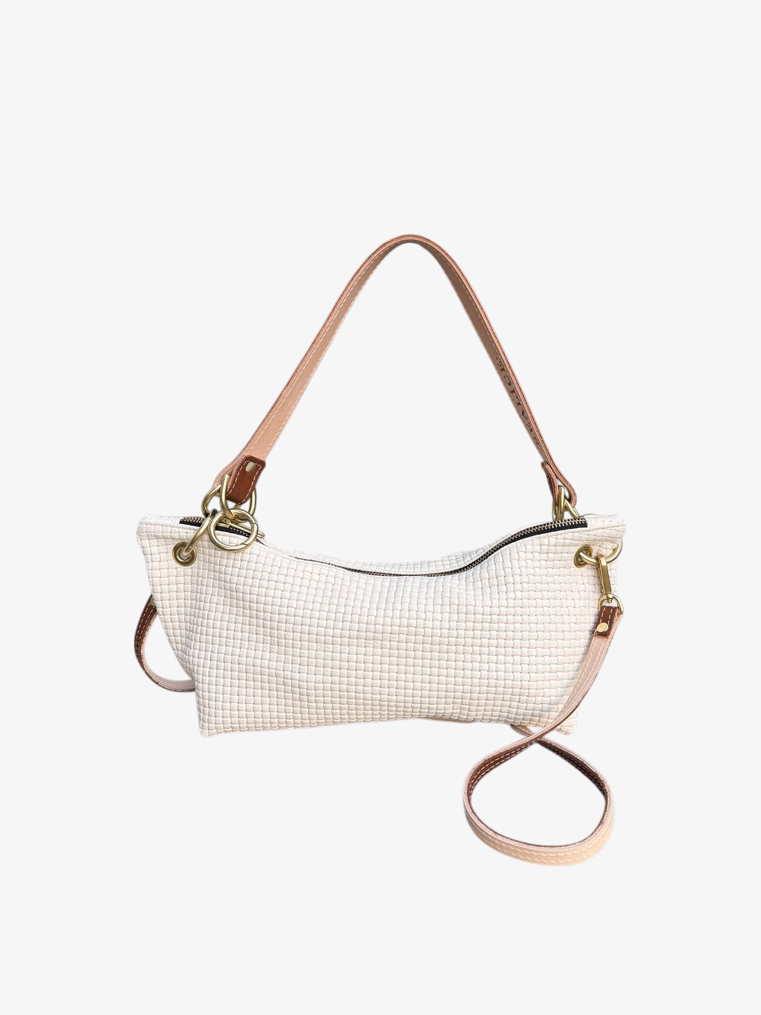 Blair-East West Shoulder Bag, Cream Woven Leather