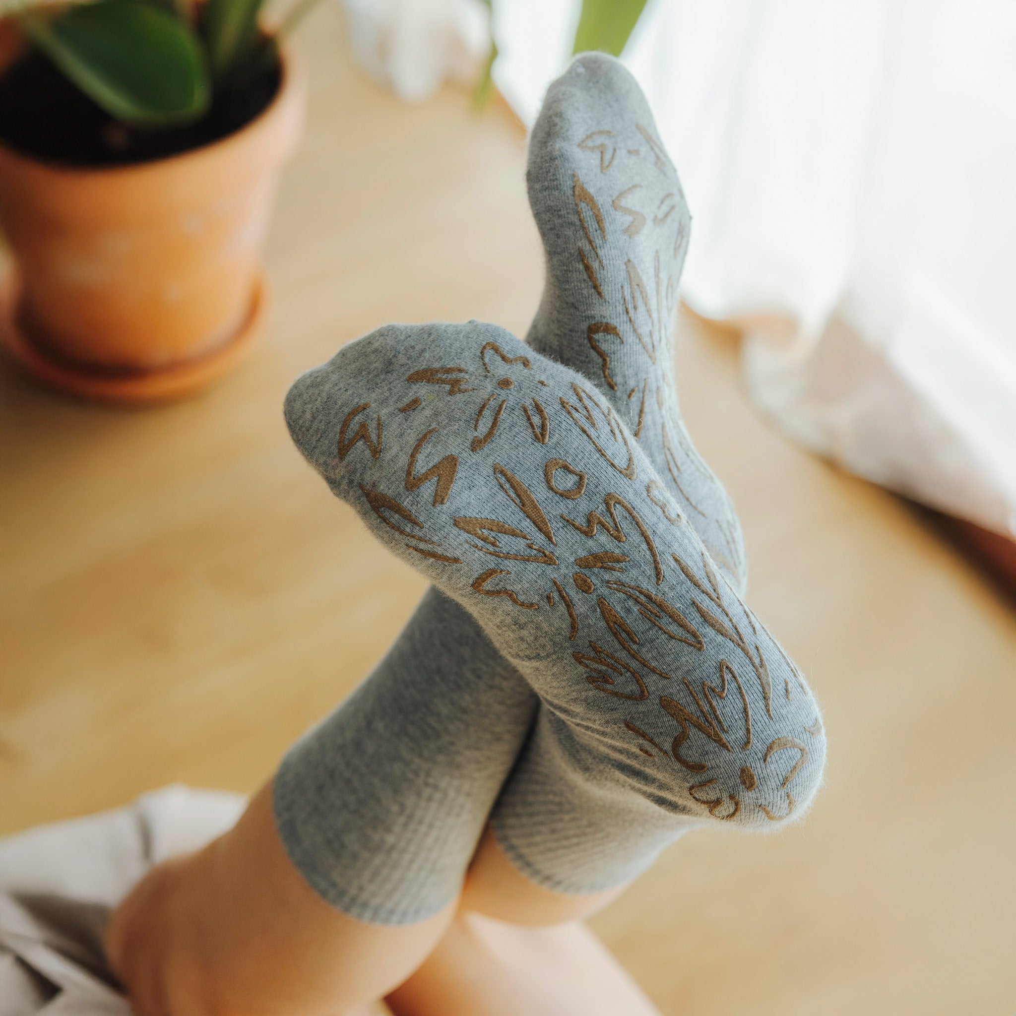 Adult Organic Cotton Non-Slip Socks — Grey Grip Socks, 2 Pairs | Serene Socks