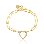 14K Gold Plated Links Chain Bracelet With Cz Open Heart Center