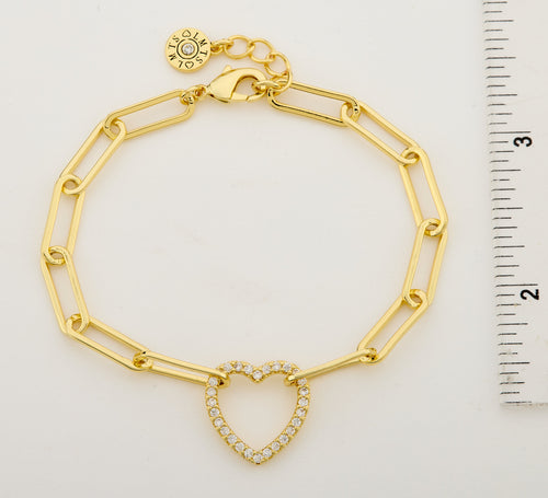 14K Gold Plated Links Chain Bracelet With Cz Open Heart Center