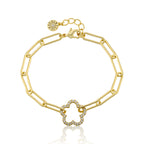 14K Gold Plated Links Chain Bracelet With Cz Open Flower Center