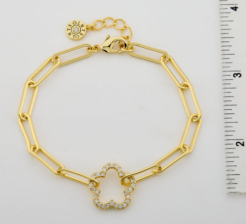 14K Gold Plated Links Chain Bracelet With Cz Open Flower Center