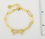 14K Gold Plated Links Chain Bracelet With Cz Open Bow Center