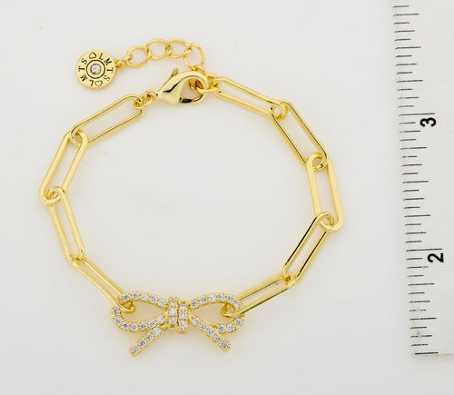 14K Gold Plated Links Chain Bracelet With Cz Open Bow Center