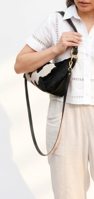 Blair Shoulder Bag, Cow Print Hair-On Hide-Black Leather