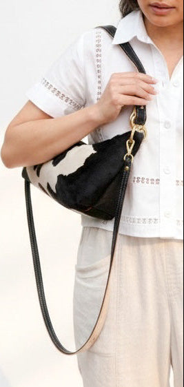 Blair Shoulder Bag, Cow Print Hair-On Hide-Black Leather