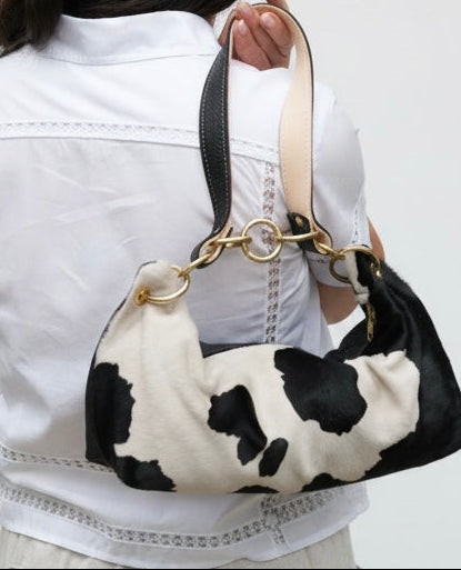 Blair Shoulder Bag, Cow Print Hair-On Hide-Black Leather