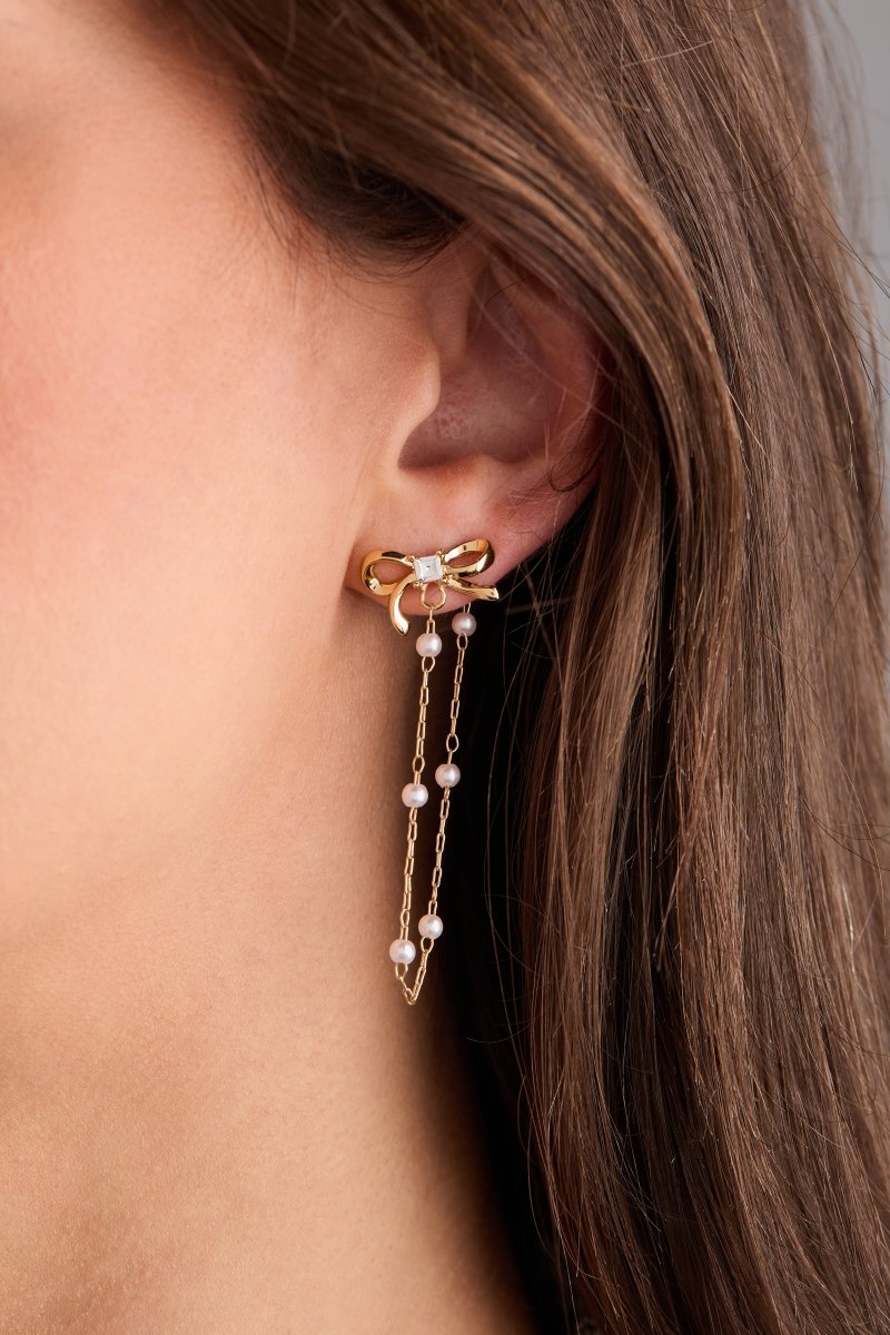 Bow Pearl Coquette Front to Back Chain Earrings - Willow & Luna