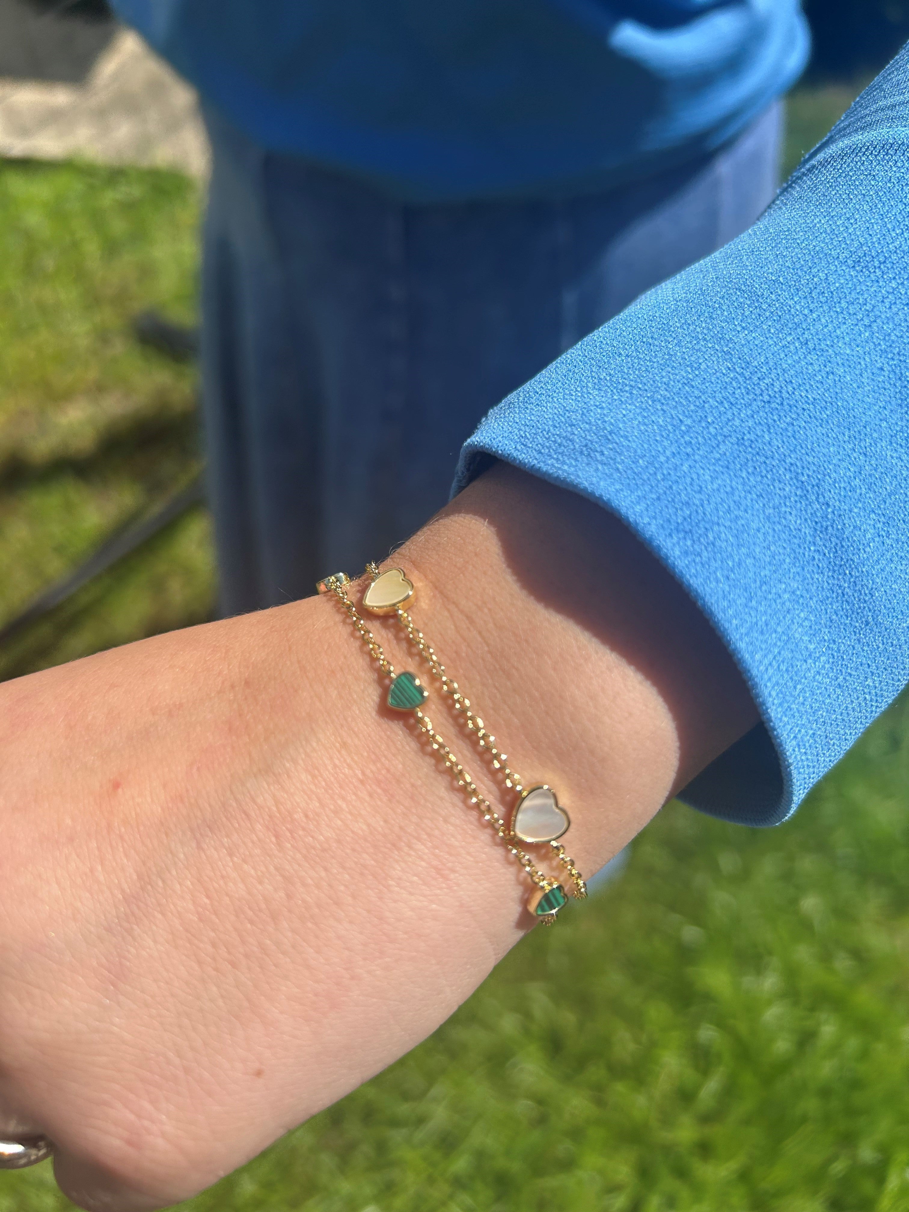 14K Gold Plated 7mm Heart Station Chain Bracelet