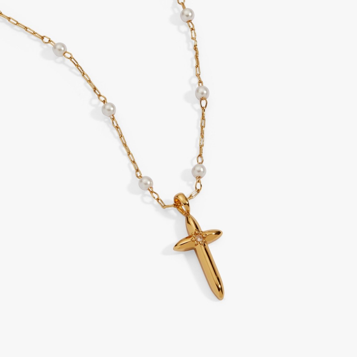 Cross 4:13 Pearl Rosary Chain Pendant Necklace - Willow & Luna