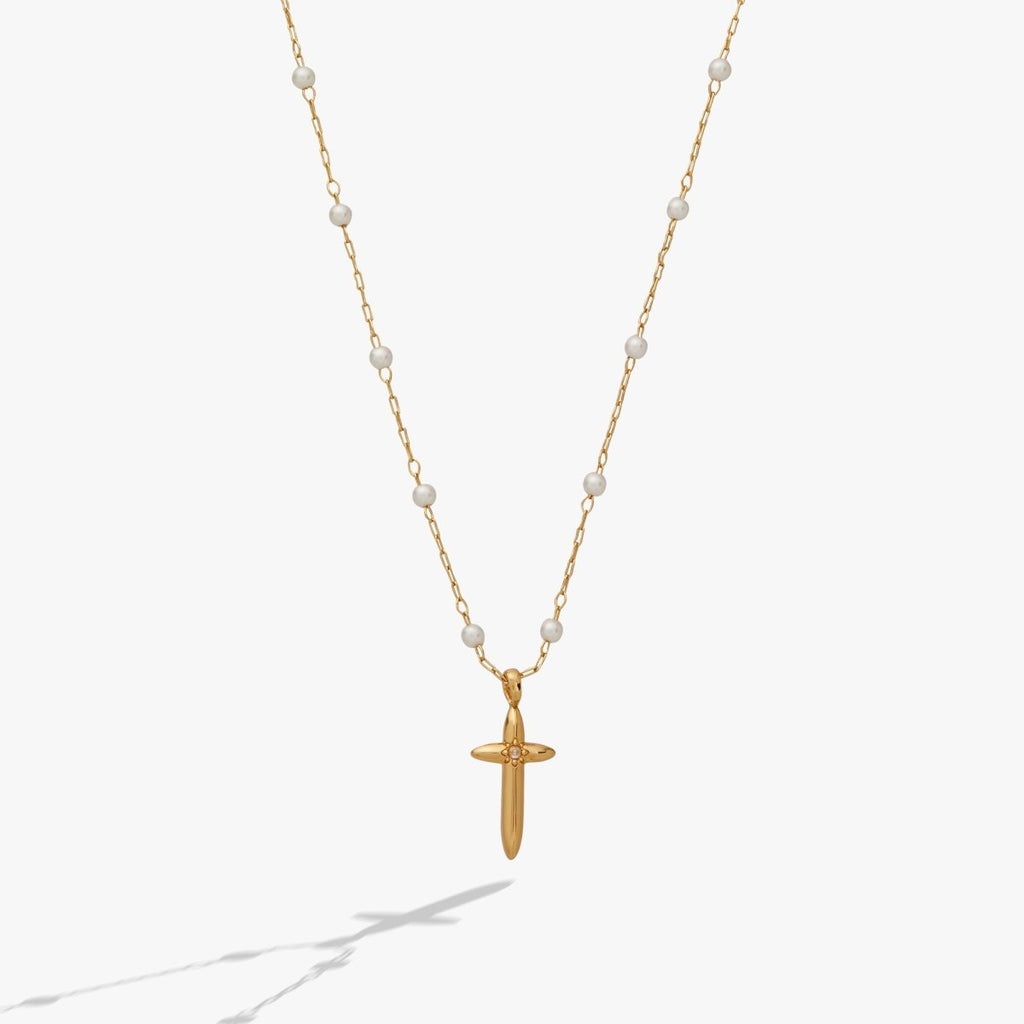 Cross 4:13 Pearl Rosary Chain Pendant Necklace - Willow & Luna