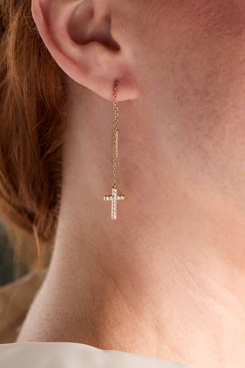 Cross Delicate Pave Crystal Threader Earrings - Willow & Luna