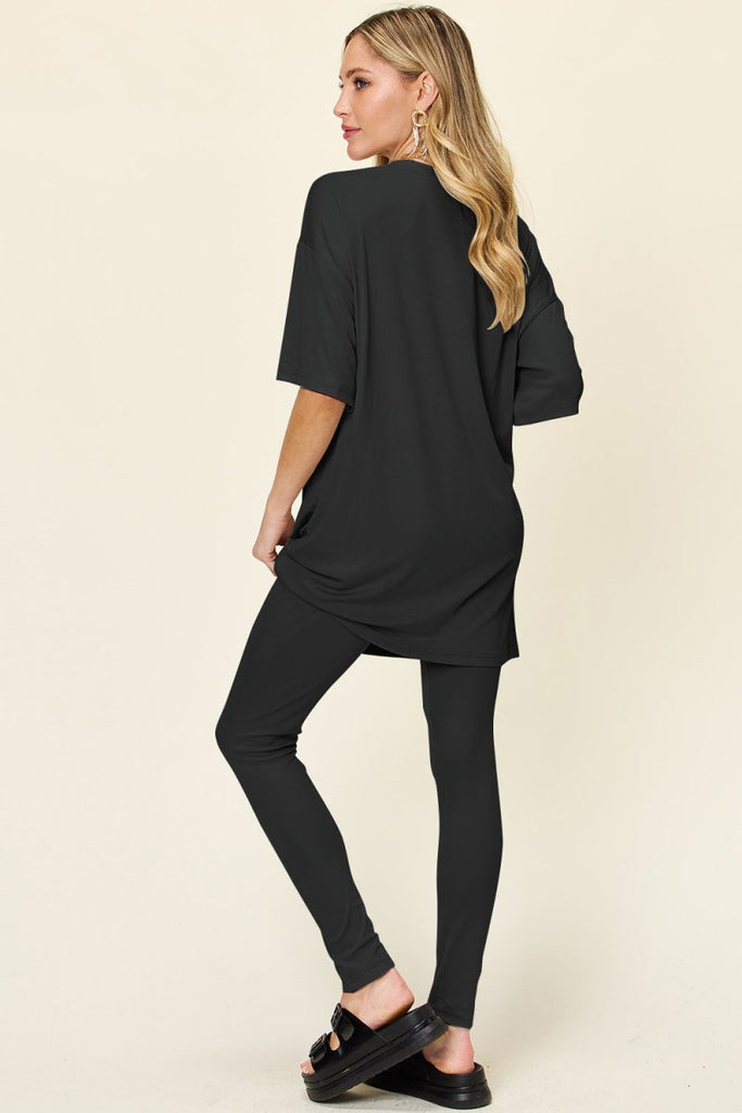 Double Take Full Size Round Neck Dropped Shoulder T-Shirt and Leggings Set - Willow & Luna