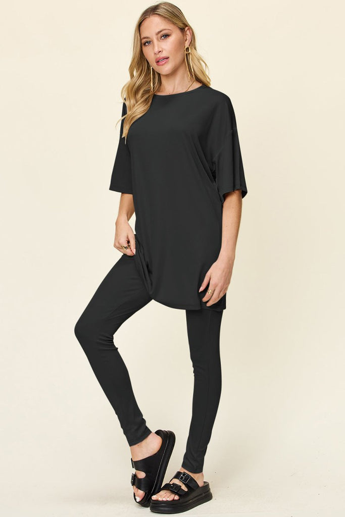 Double Take Full Size Round Neck Dropped Shoulder T-Shirt and Leggings Set - Willow & Luna