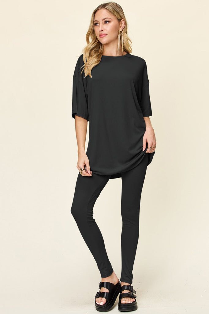 Double Take Full Size Round Neck Dropped Shoulder T-Shirt and Leggings Set - Willow & Luna