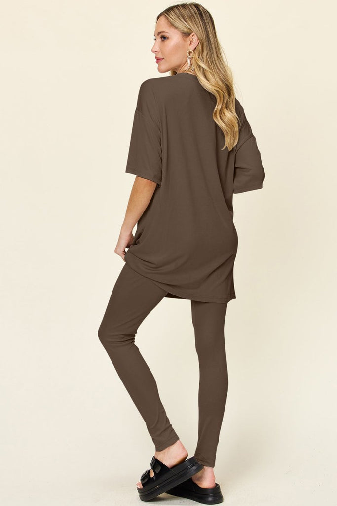 Double Take Full Size Round Neck Dropped Shoulder T-Shirt and Leggings Set - Willow & Luna