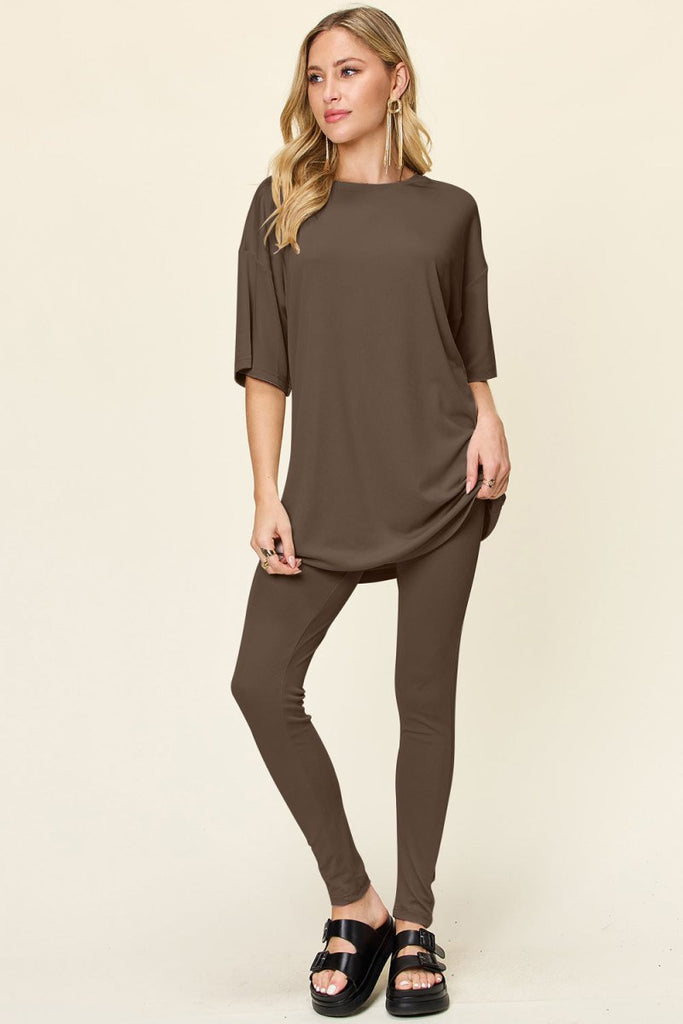 Double Take Full Size Round Neck Dropped Shoulder T-Shirt and Leggings Set - Willow & Luna