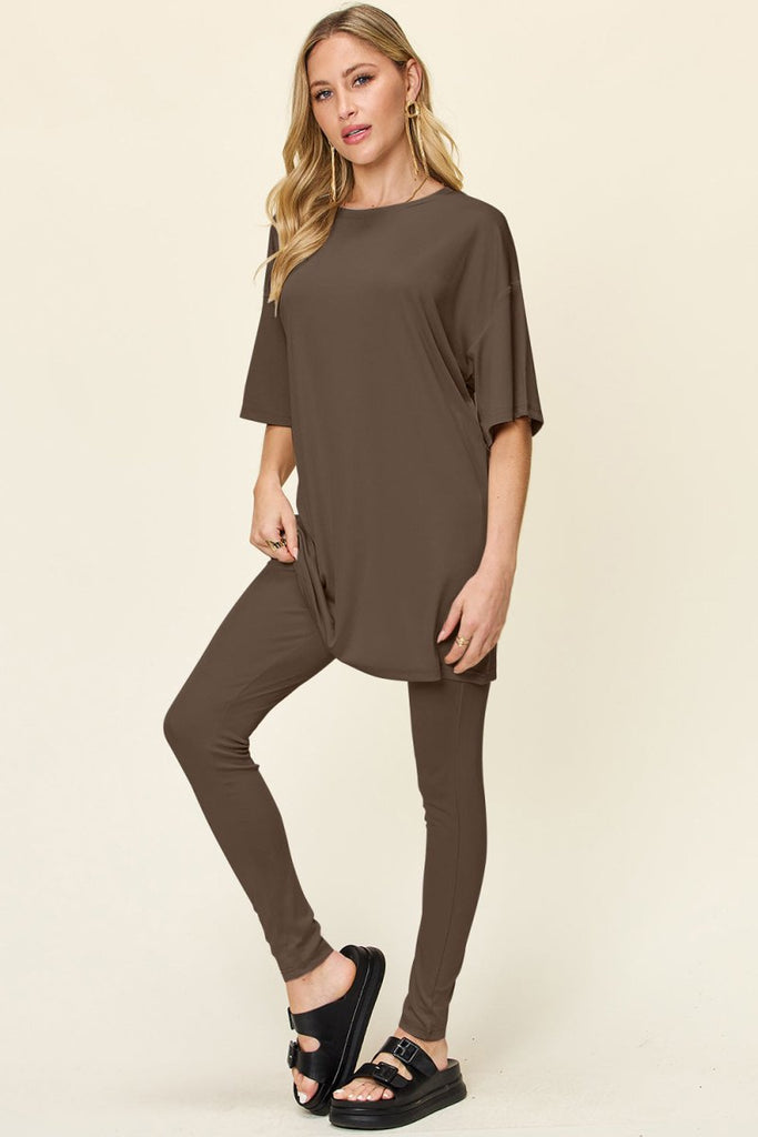 Double Take Full Size Round Neck Dropped Shoulder T-Shirt and Leggings Set - Willow & Luna