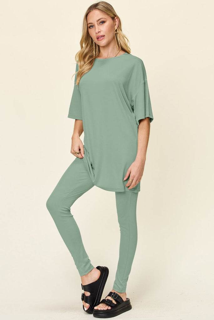 Double Take Full Size Round Neck Dropped Shoulder T-Shirt and Leggings Set - Willow & Luna