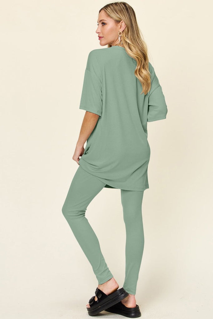 Double Take Full Size Round Neck Dropped Shoulder T-Shirt and Leggings Set - Willow & Luna