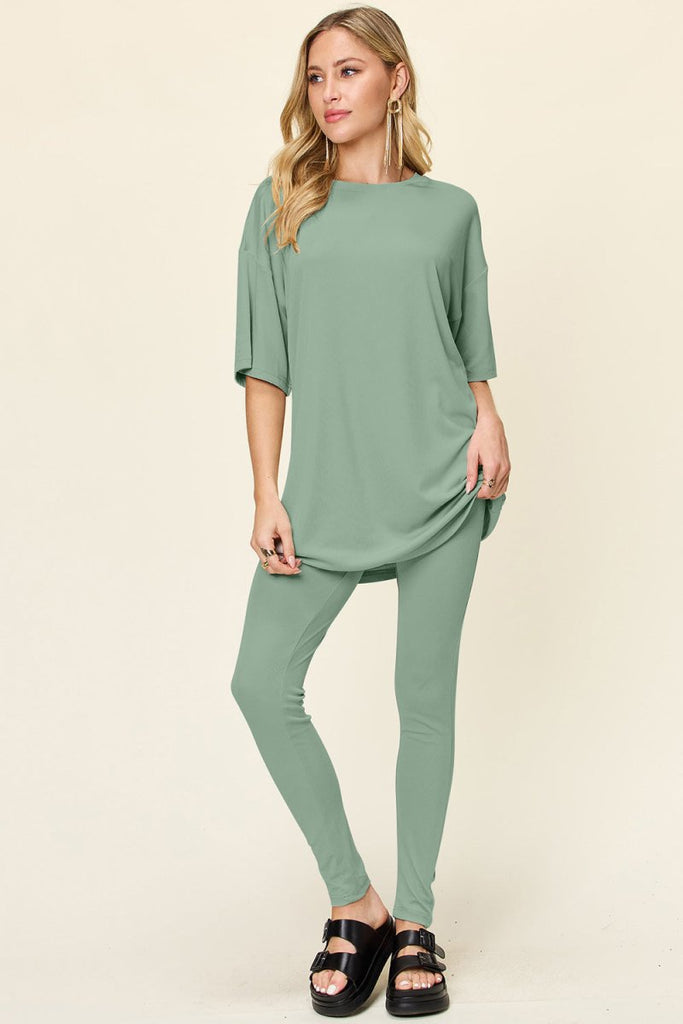 Double Take Full Size Round Neck Dropped Shoulder T-Shirt and Leggings Set - Willow & Luna