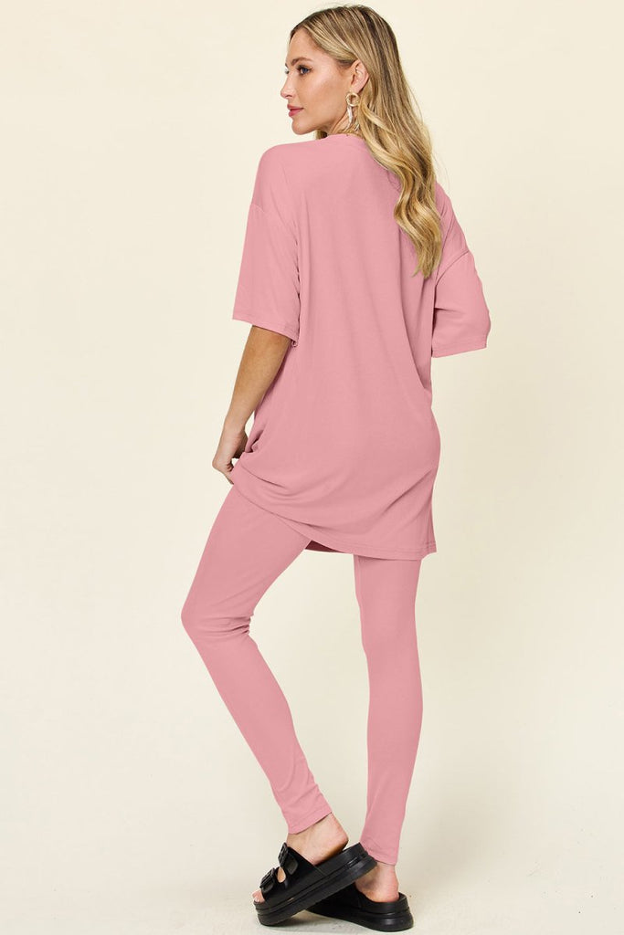 Double Take Full Size Round Neck Dropped Shoulder T-Shirt and Leggings Set - Willow & Luna