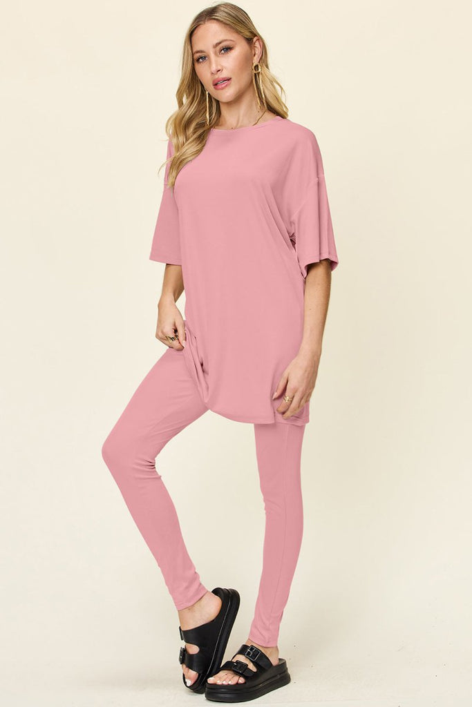 Double Take Full Size Round Neck Dropped Shoulder T-Shirt and Leggings Set - Willow & Luna