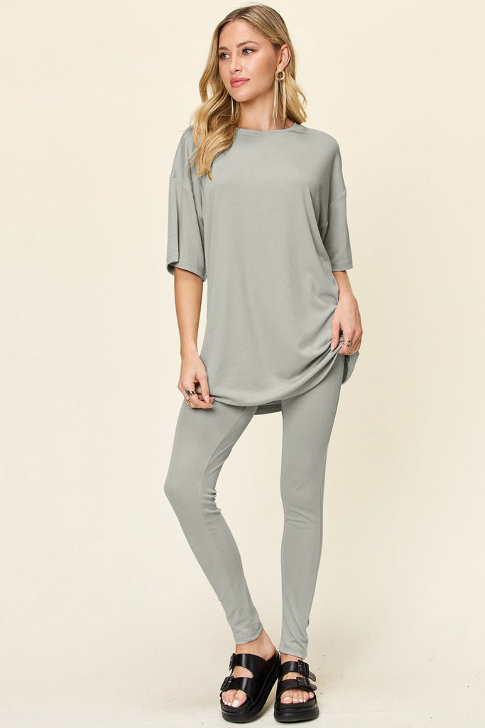 Double Take Full Size Round Neck Dropped Shoulder T-Shirt and Leggings Set - Willow & Luna