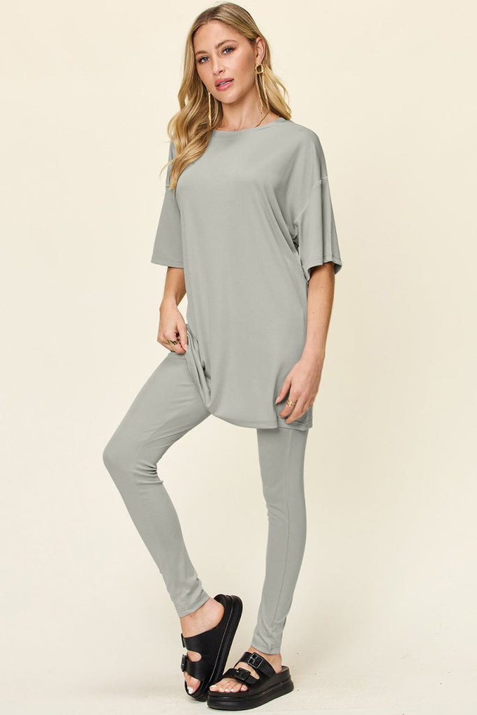 Double Take Full Size Round Neck Dropped Shoulder T-Shirt and Leggings Set - Willow & Luna