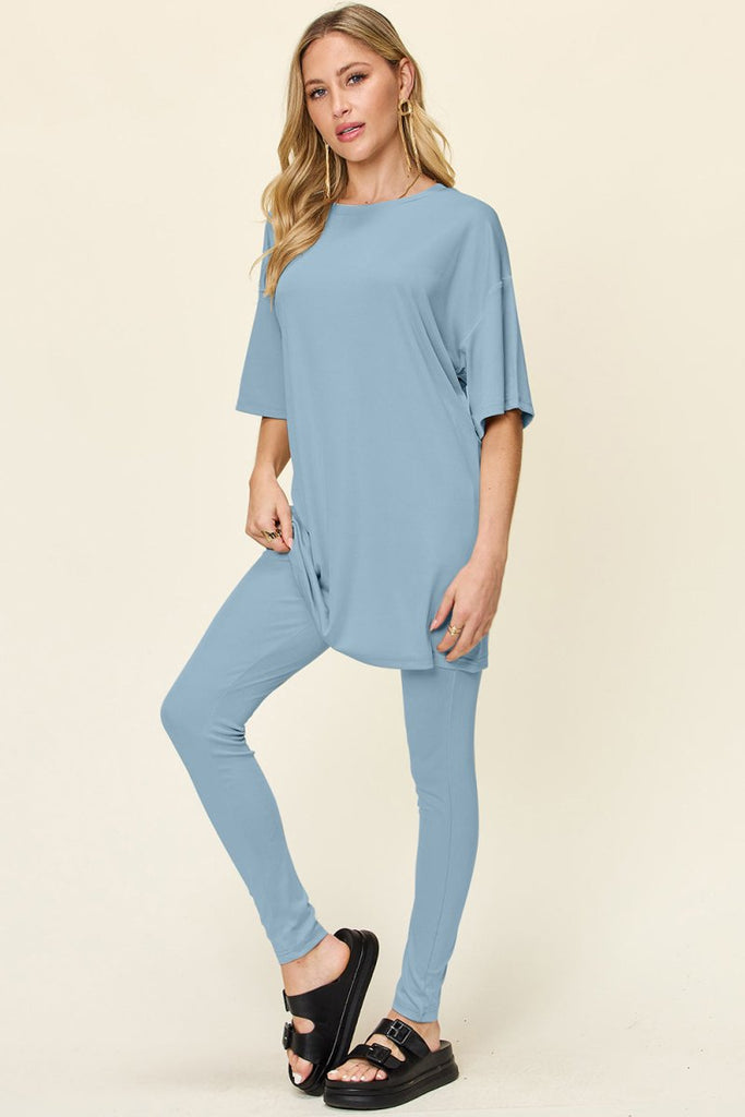 Double Take Full Size Round Neck Dropped Shoulder T-Shirt and Leggings Set - Willow & Luna