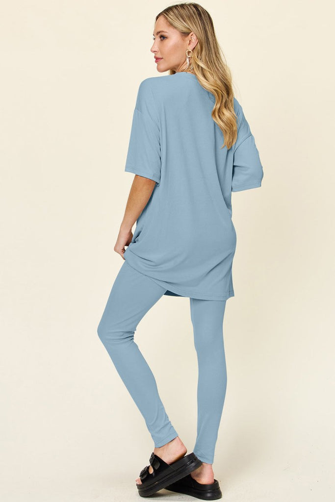 Double Take Full Size Round Neck Dropped Shoulder T-Shirt and Leggings Set - Willow & Luna