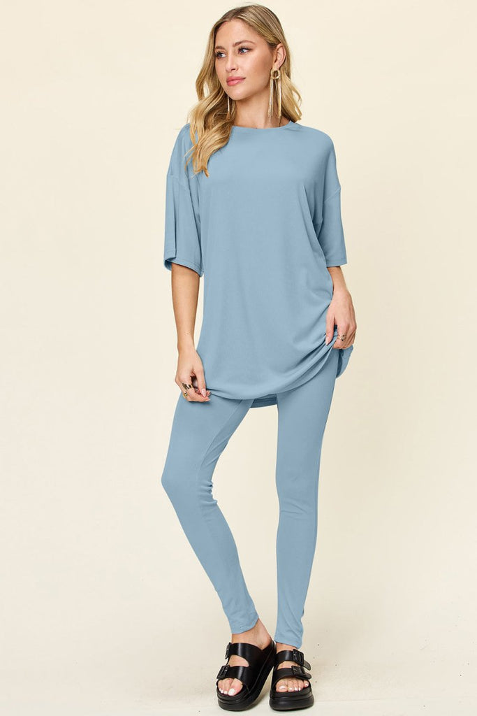 Double Take Full Size Round Neck Dropped Shoulder T-Shirt and Leggings Set - Willow & Luna