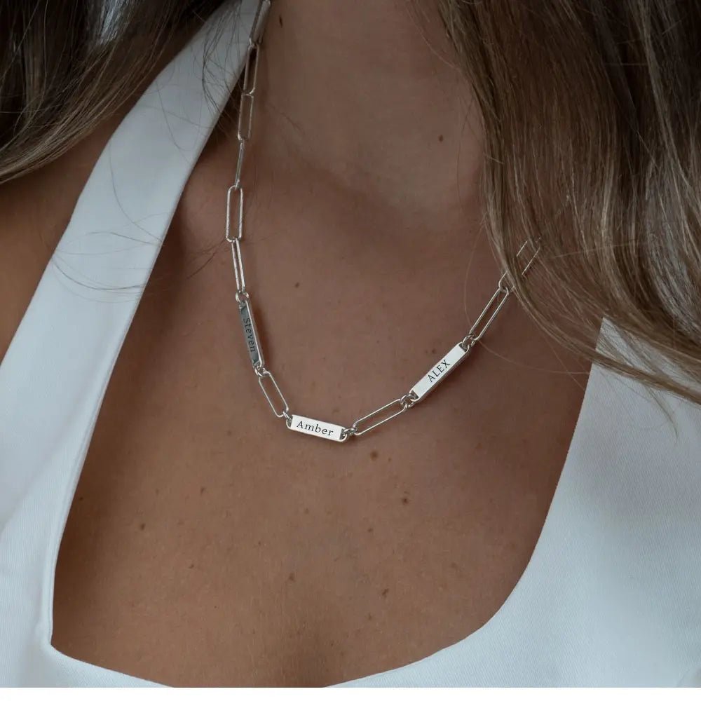 Multiple Engraved Bar Necklace - Paperclip chain - Willow & Luna