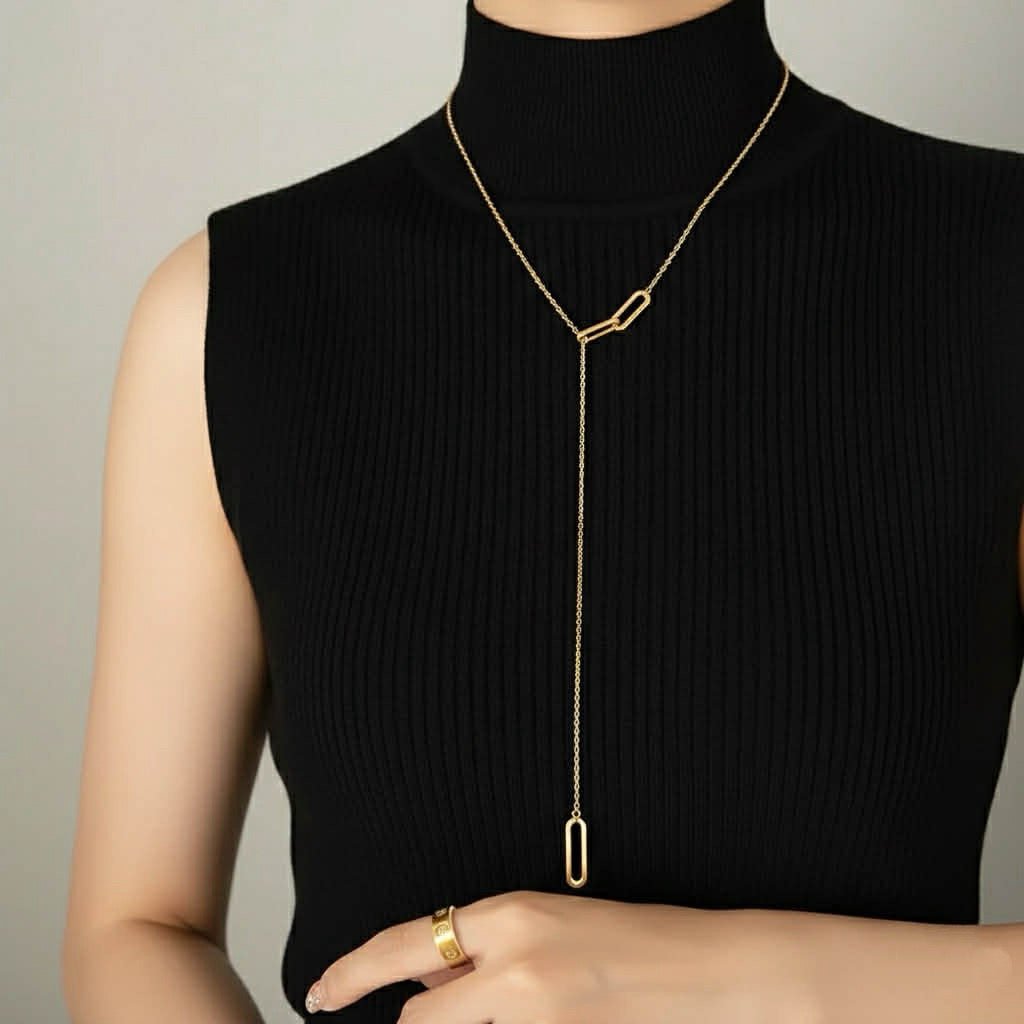 PT330G B.Tiff Adjustable Rolo Lariat Chain Necklace with Paperclip Links - Willow & Luna