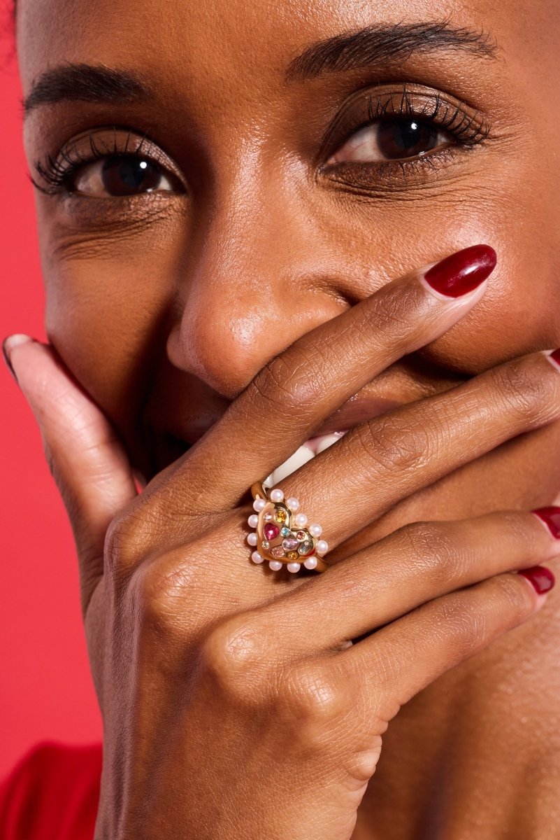 Puffy Heart Gemstone And Pearl Statement Ring - Willow & Luna