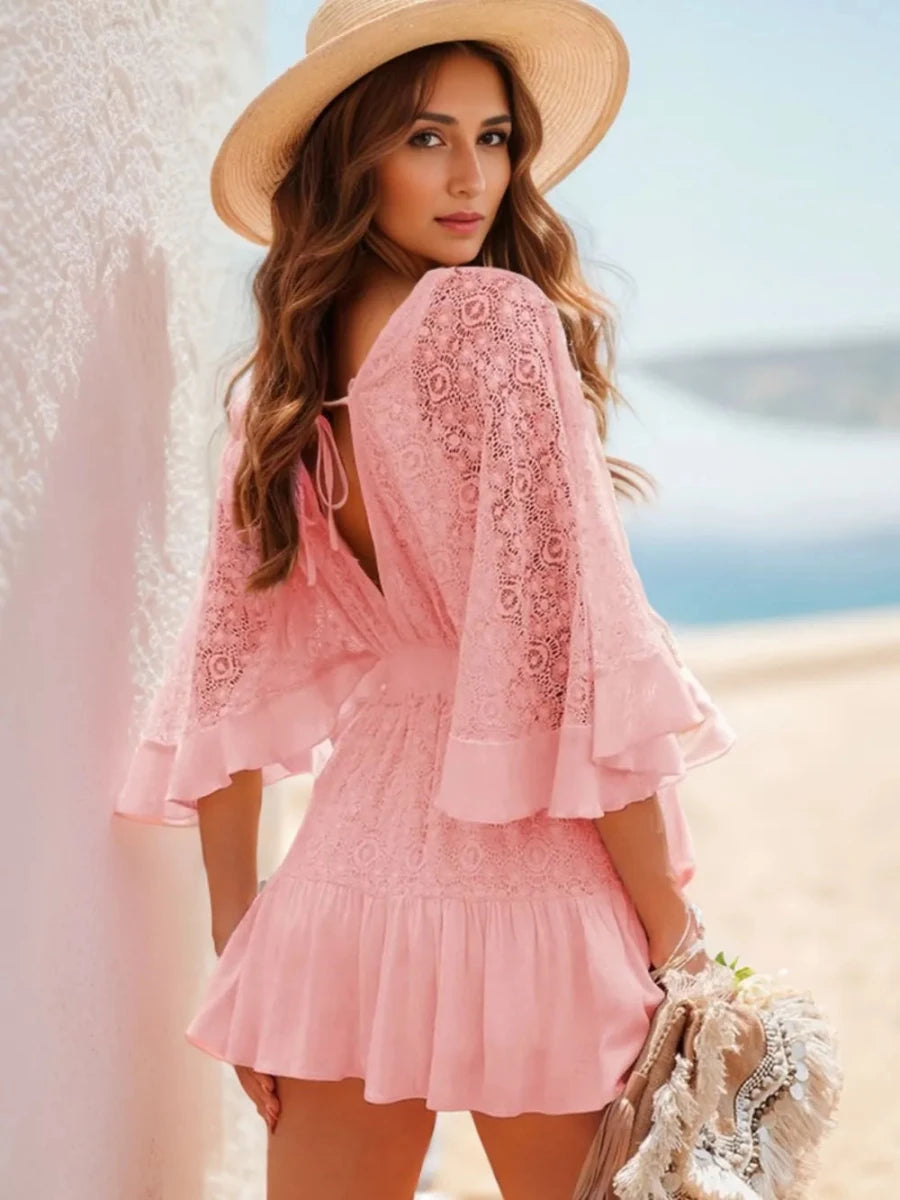 Ruffle Hem Tie Back Lace Mini Dress - Willow & Luna