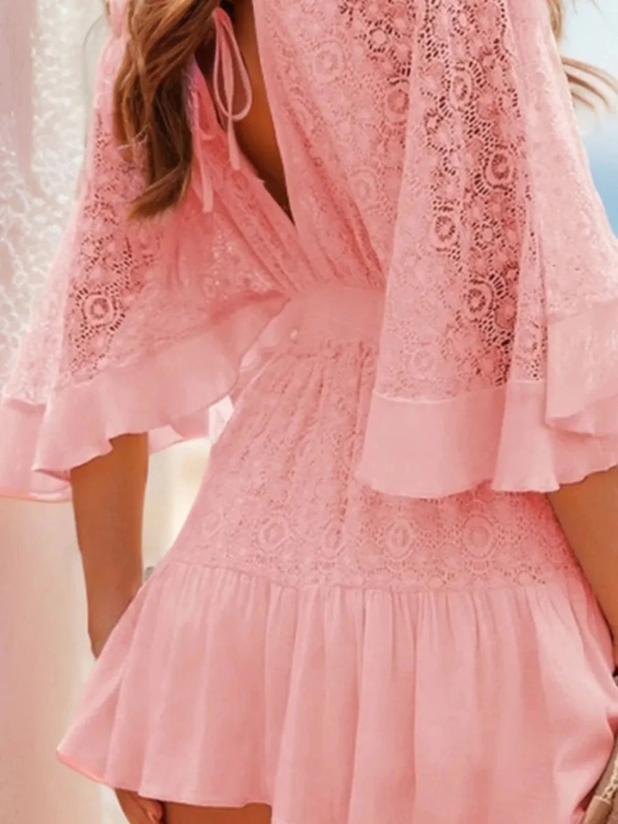 Ruffle Hem Tie Back Lace Mini Dress - Willow & Luna