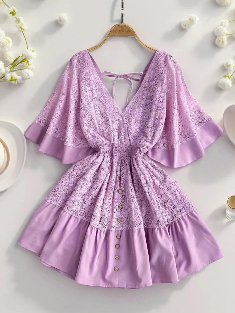 Ruffle Hem Tie Back Lace Mini Dress - Willow & Luna