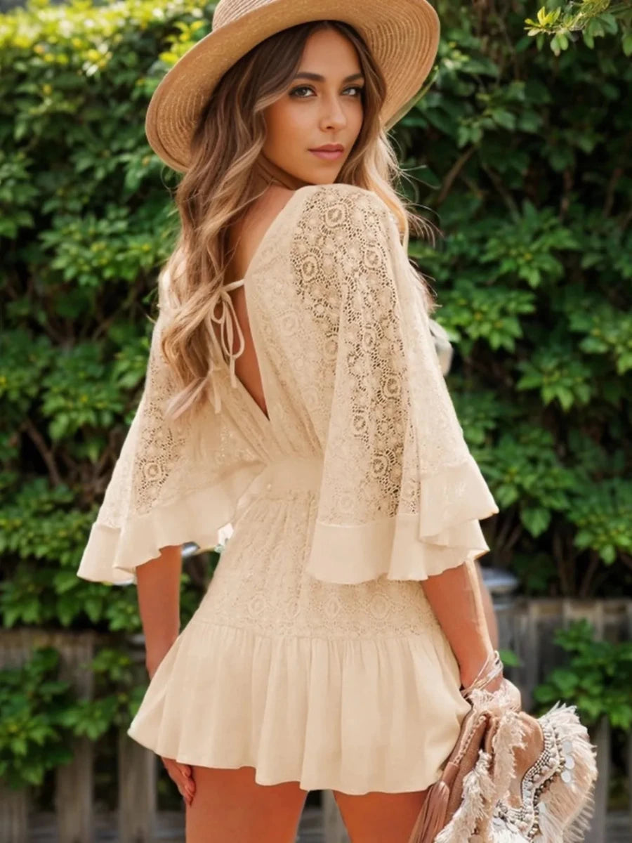Ruffle Hem Tie Back Lace Mini Dress - Willow & Luna