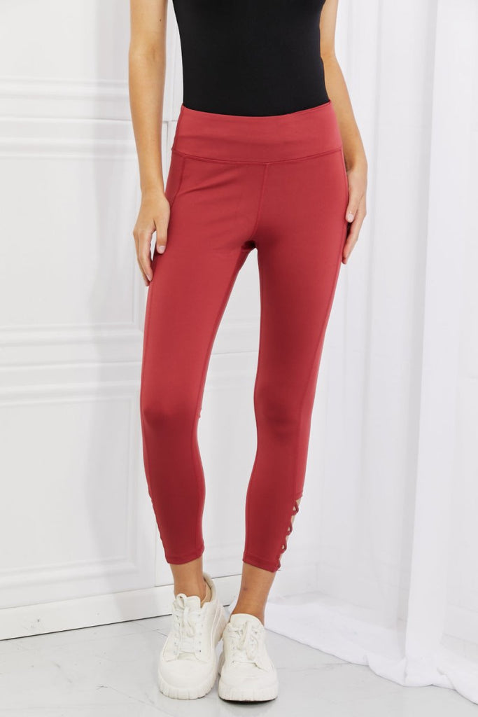 Yelete Ready For Action Full Size Ankle Cutout Active Leggings in Brick Red - Willow & Luna