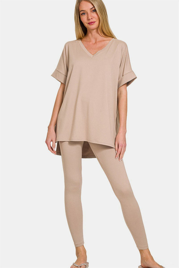 Zenana Full Size V - Neck Rolled Short Sleeve T-Shirt and Leggings Lounge Set - Willow & Luna