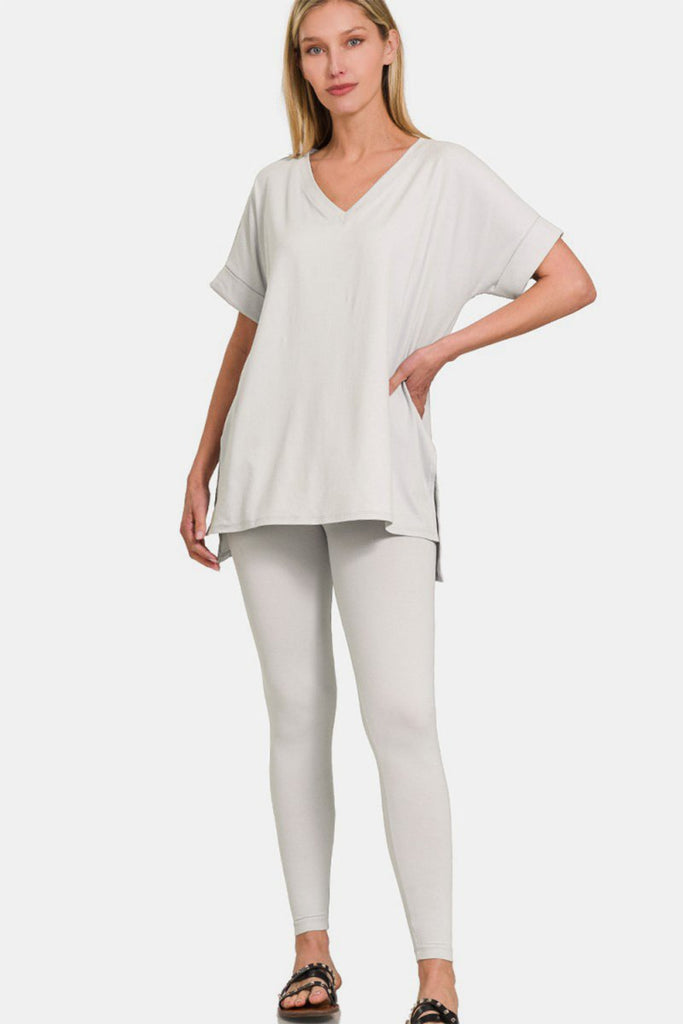 Zenana V - Neck Rolled Short Sleeve T-Shirt and Leggings Lounge Set - Willow & Luna