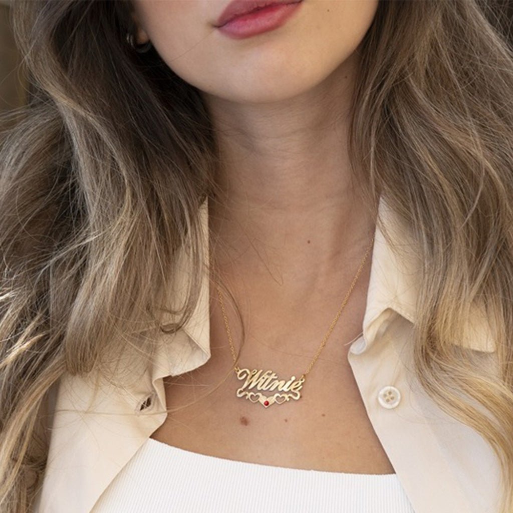 Birthstone Custom Name Necklace with Underline Hearts - Willow & Luna