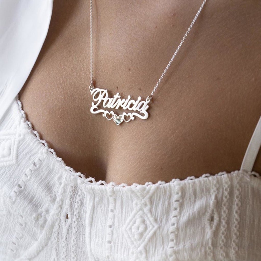 Birthstone Custom Name Necklace with Underline Hearts - Willow & Luna