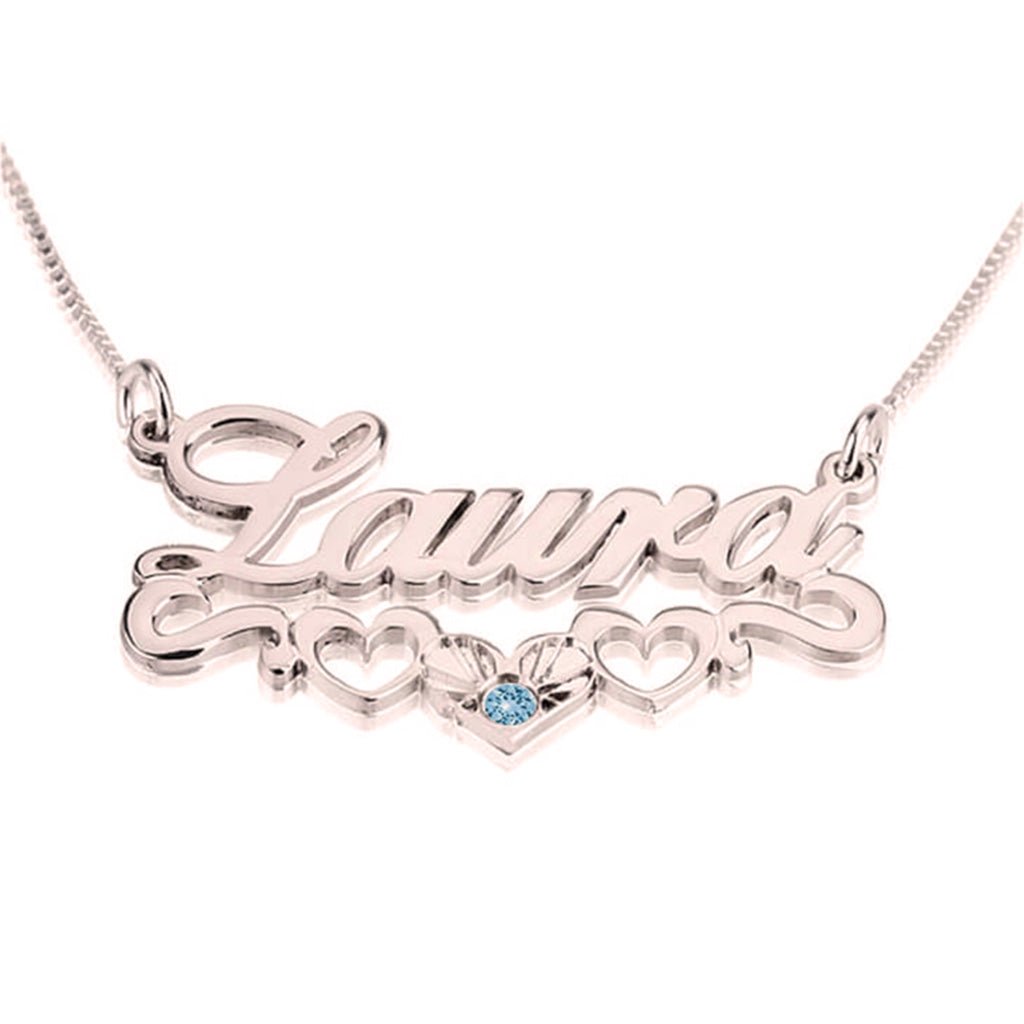 Birthstone Custom Name Necklace with Underline Hearts - Willow & Luna