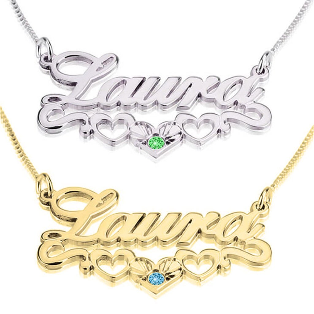 Birthstone Custom Name Necklace with Underline Hearts - Willow & Luna