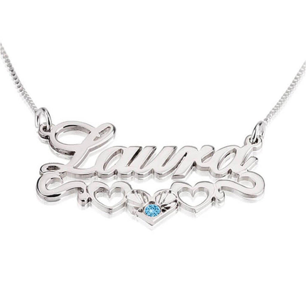 Birthstone Custom Name Necklace with Underline Hearts - Willow & Luna