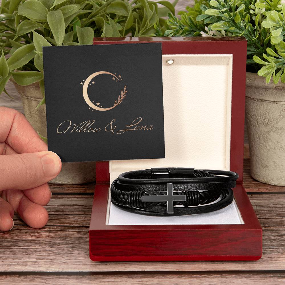 Men's Stainless Steel and Vegan Leather Cross Bracelet - Willow & Luna